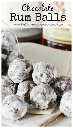 chocolate rum balls are piled on top of each other