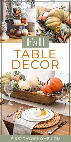 fall table decor with pumpkins and gourds