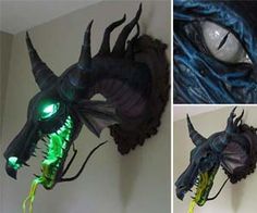 three pictures of dragon head with green eyes and mouth glowing in the light from behind