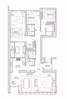 the floor plan for an apartment with three bedroom and two bathroom areas, including one living room