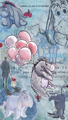 an image of cartoon animals with balloons in the air and words above them that say i need you