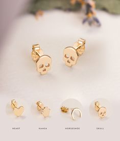 Gold Skull Earrings Nickel Free, Gold Skull-shaped Earrings, Minimalist Skull Jewelry Gift, Skull Simple, Horseshoe Earrings, Hamsa Charm, Tiny Studs, Tiny Stud Earrings, Earrings Minimalist