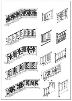 architectural drawings showing the various balconies and railings in different styles, from top to bottom