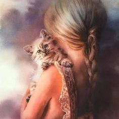 a painting of a woman holding a cat in her arms and looking at the sky