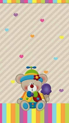 a teddy bear with a clown hat sitting on a striped background