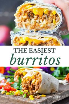 two burritos are stacked on top of each other with the words, the easyest burrito