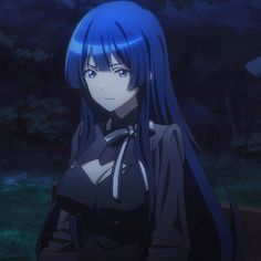 a woman with long blue hair standing in front of a forest at night, wearing a black shirt and tie