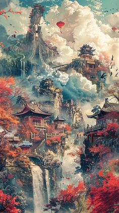 an artistic painting of a waterfall surrounded by trees and clouds with birds flying over it