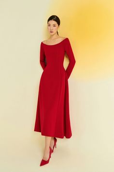 Cotton Evening Dresses, Red Dresses Classy Elegant, Shoes For Red Dress, Red Classy Dress, Long Sleeve Red Dress, Red Off Shoulder Dress, Grace Rose, Formal Dresses With Sleeves, Mean Blvd