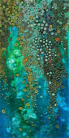 an abstract painting with circles and dots on blue, green and yellow colors in the background