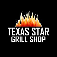 the texas star grill shop logo is shown in white and orange flames on a black background