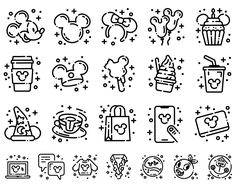 the mickey mouse icons are drawn in black and white, with different symbols on them