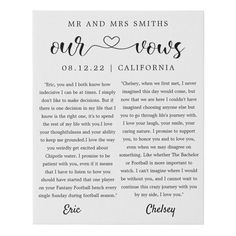 a white card with the words mr and mrs smith our vows in cursive font