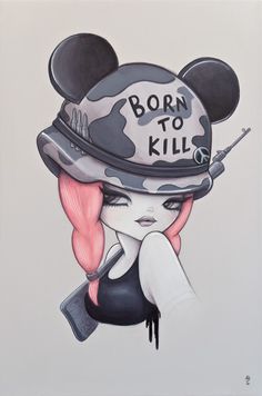 a drawing of a woman wearing a hat with the words born to kill on it