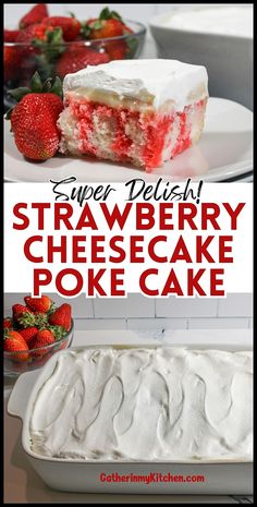 strawberry cheesecake poke cake with whipped cream and strawberries in the background on a white plate