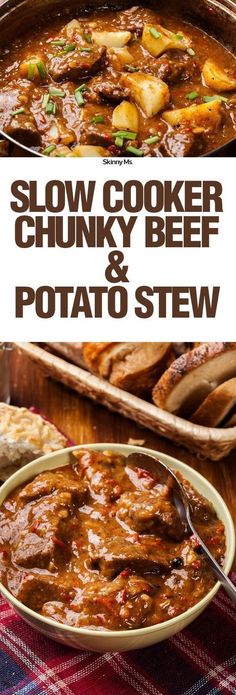 the recipe for slow cooker chunky beef and potato stew is shown in two images