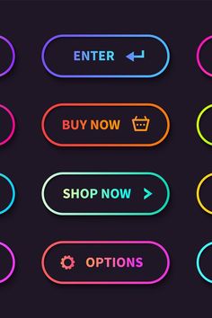 neon buttons with the words enter, buy now and options in different colors on black background