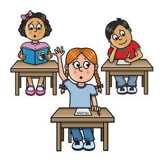 three children sitting at desks with one raising her hand in the air and another holding an open book