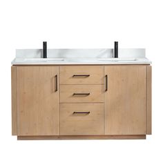 a bathroom vanity with two sinks and no mirror on the top, against a white background