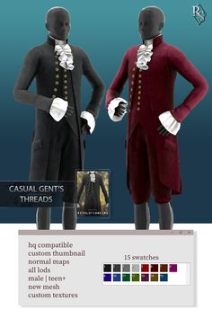 two mannequins dressed in colonial clothing with different colors and sizes for each individual to choose from