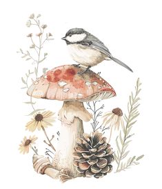 a watercolor painting of a bird sitting on top of a mushroom with flowers around it