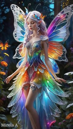 a woman dressed as a rainbow fairy standing in the woods with butterflies on her wings