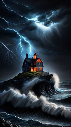 a painting of a house on top of a wave in the ocean with lightning behind it