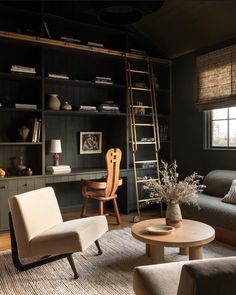 a living room filled with furniture and a ladder