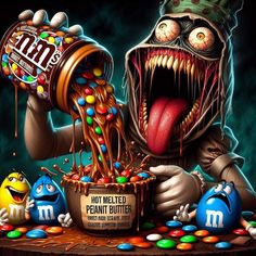 an image of a cartoon character pouring candy into a bowl with m & m's on it