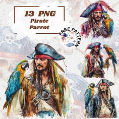 watercolor pirate parrot clipart set with captain jack sparrow and parrots on white background