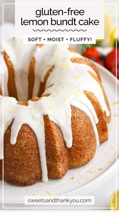 a lemon bundt cake with icing on a white plate