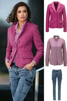 Western Blazer, 80's Fashion, Blazer Outfits For Women, Burberry Plaid, Outfit Styles, Hello Fashion, Over 50 Womens Fashion, Pink Jacket