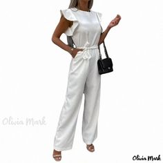 Olivia Mark - Belted Sleeveless Jumpsuit with Solid Color and Ruffle Hem, Casual Style Workout Bodysuit, Bodysuit With Shorts, Stylish Jumpsuit, Casual Jumpsuit, Sleeveless Jumpsuits, Wide Leg Jumpsuit, Olivia Mark, Waist Tie, Ruffle Hem