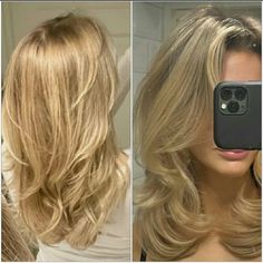 Blonde Hair That Looks Good Grown Out, Butterfly Haircut Front And Back, Pictures To Show Your Hairstylist, Golden Blonde Baylage, 70s Butterfly Haircut, 70s Haircuts Straight Hair, Butterfly Haircut Blonde, Layers For Thinner Hair, Medium Length Haircut With Layers Wavy