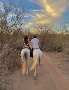 two people are riding horses on a dirt road in the desert with trees and bushes