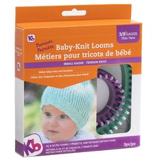 a package of baby - knit looms for babies with purple and green trims