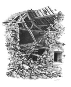 a drawing of a building that has been destroyed