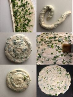 the process of making an appetizing dish is shown in four different stages, including dough and sprinkles