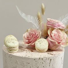 a white cake with pink roses and macaroons on top, surrounded by feathers