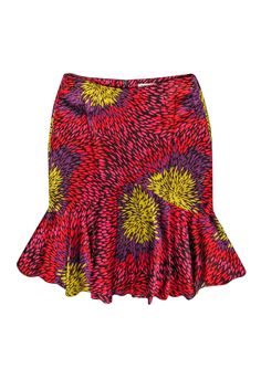 Current Boutique-Trina Turk - Multi-Printed Fishtail Satin Skirt Sz 8 Trendy Flare Skirt For Spring, Trendy Fitted Flare Skirt, Patterned Lined Skirt, Spring Patterned Printed Skirt, Casual Flared Fitted Skirt, Fitted Patterned Skirt For Summer, Flare Skirt With Stretch For Spring, Spring Flare Skirt With Stretch, Stretch Flare Skirt For Spring