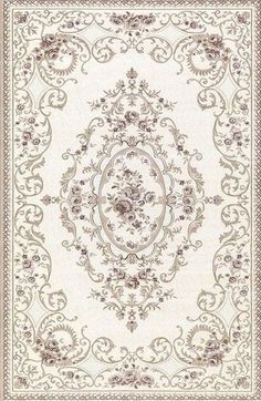 a white rug with an ornate design on the bottom and sides, in various colors