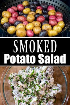 potatoes and potato salad in a bowl with the words smoked potato salad on it,