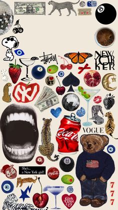 a collage of various stickers and symbols in the shape of an animal's mouth