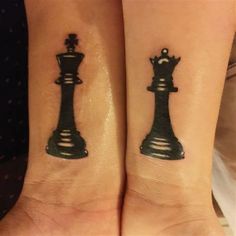 two people with matching tattoos on their legs, one has a chess piece and the other has a pawn