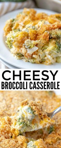 broccoli casserole with cheese on top is shown in two different pictures