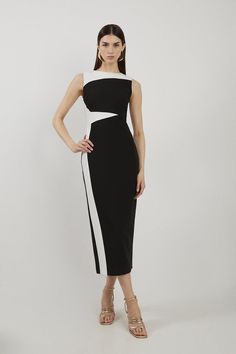 Clean Tailored Colour Block Pencil Midi Dress Neoprene Dress Classy, Corporate Fits, Tahitian Dress, Kibbe Dramatic, Hen Do Outfits, Colour Block Dress, Pencil Midi Dress, Conservative Outfits, Corporate Dress