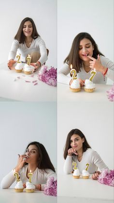 a woman sitting at a table with cupcakes in front of her and the number two on it