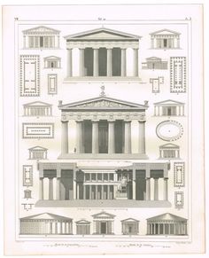 an old architectural drawing shows the different types of buildings and their designs, including columns