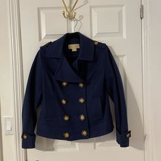 Michael Kors Wool Short Wool Coat Size 10. Cleaning My Closet Michael Kors Long Sleeve Blazer For Work, Short Wool Coat, Cleaning My Closet, Blue Wool Coat, Blue Wool, Wool Coat, My Closet, Color Blue, Michael Kors