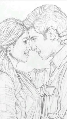 a pencil drawing of two people looking at each other